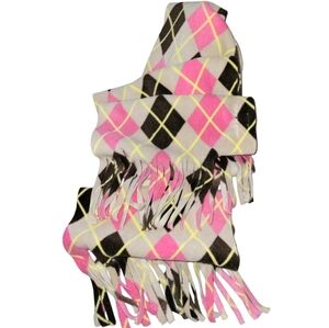 Old Navy Pink & Brown Fleece Argyle Scarf With Fringe 10" Wide x 6' Long